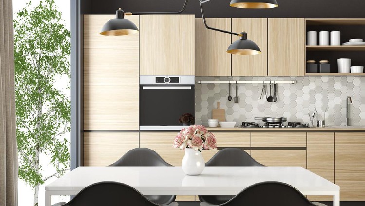 Trendy Scandinavian open concept kitchen and dining room with lots of natural light.

Functional, modern and bright one wall kitchen with gray and white wooden cabinets, 

open light wood shelves and light gray honeycomb ceramic back-splash tiles. 

Wooden white dining table and black wooden retro chairs are placed next to a big panoramic window. 

Vintage, big, black metal lighting fixture, wall clock and black and white picture are decorative elements.

Light hardwood flooring.