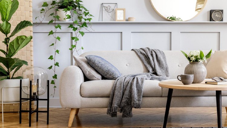 Stylish scandinavian living room interior with design sofa, furniture, tropical plants and decoration. Grey wall. Neutral concept. Template.