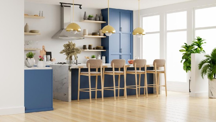 Modern kitchen interior with furniture.Stylish kitchen interior with white wall.3D Rendering