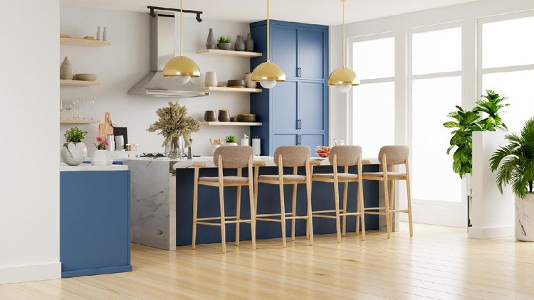 Modern kitchen interior with furniture.Stylish kitchen interior with white wall.3D Rendering