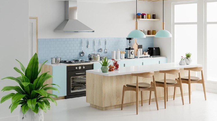 Ilustrasi Dapur Minimalis Modern kitchen interior with furniture.Stylish kitchen interior with white wall.3D Rendering