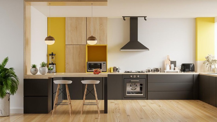 Modern kitchen interior with furniture.Stylish kitchen interior with yellow wall.3D Rendering
