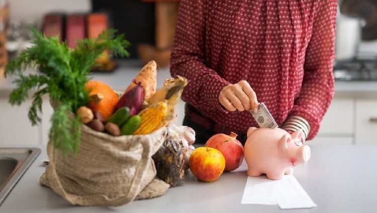 Closeup on young housewife putting money into piggy bank after shopping on local market