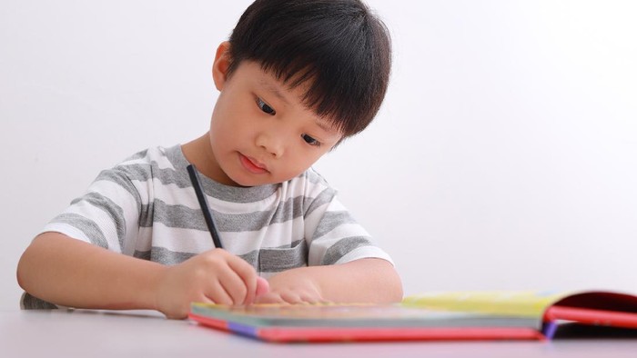 Portrait of little Asian boy sitting at his desk doing homework against white background.