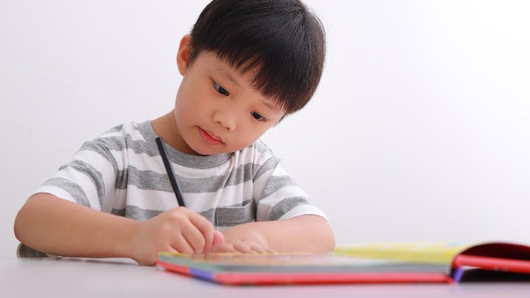 Portrait of little Asian boy sitting at his desk doing homework against white background.