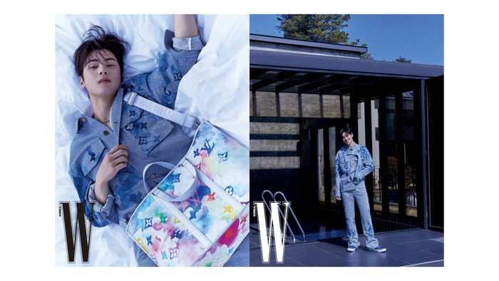 Tidak hanya piyama, Cha Eun Woo juga berpose menggunakan tote bag dan kalung terbaru dari Louis Vuitton. / foto: wkorea.com