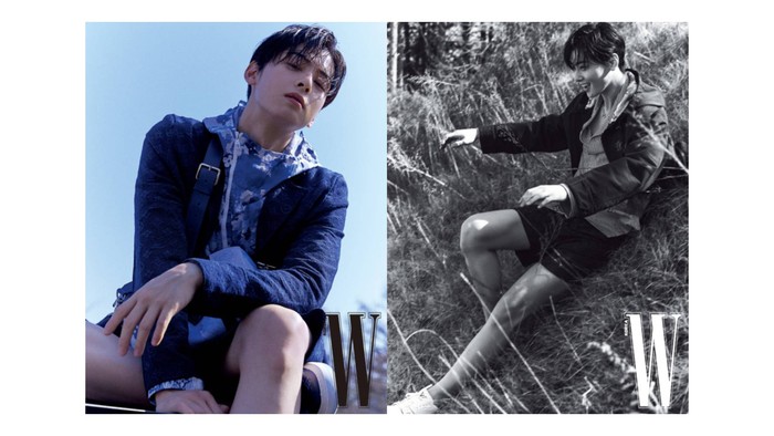 Windbreaker jaket motif bunga warna biru ini buat tampilan Cha Eun Woo semakin fresh, dan bisa jadi ootd jika dipadukan dengan blazer dan celana pendek. / foto: wkorea.com