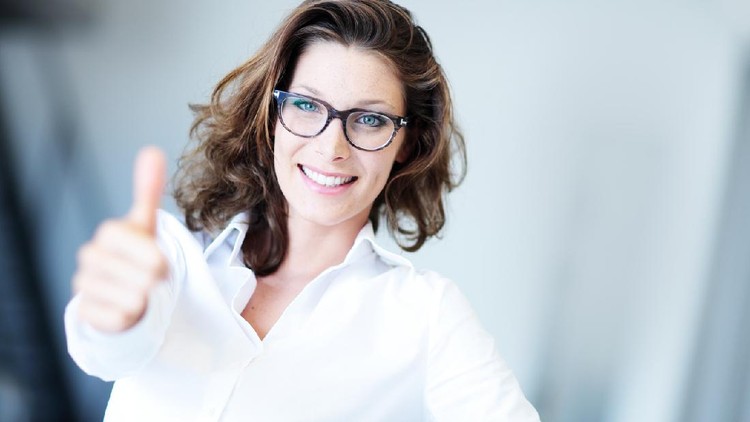 Confident businness woman standing wearing elegant clothes with thumb up
