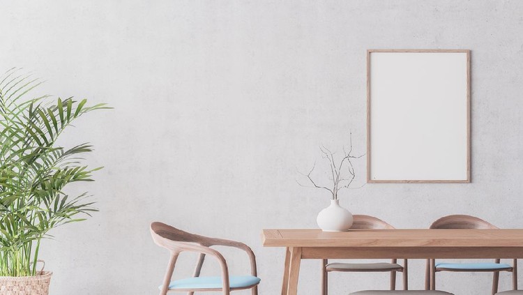 Wooden chairs and table on gray  background, rattan pot and trendy home accessories , Scandinavian dining room interior design with empty wooden frame template.
