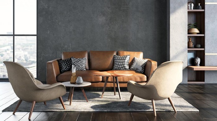 Living room interior in loft, industrial style, 3d render
