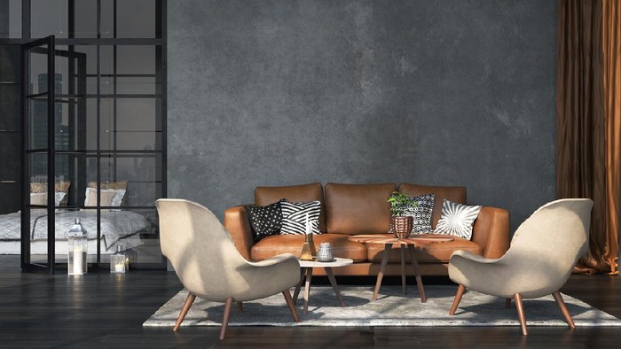 Living room interior in loft, industrial style, 3d render