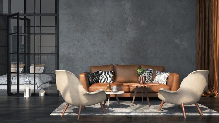 Ilustrasi Rumah Industrial Living room interior in loft, industrial style, 3d render