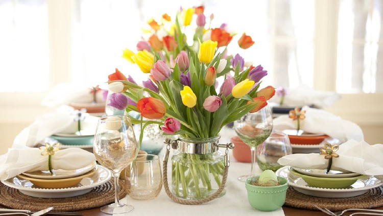 Easter Elegant Place Setting Dining Table with Vase of Tulips