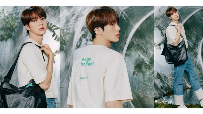 Sebagai member tertua, Jin memiliki sifat yang lembut. Bahkan auranya terlihat makin lembut ketika mengenakan t-shirt putih dan jeans ini / foto: instagram.com/fila_korea