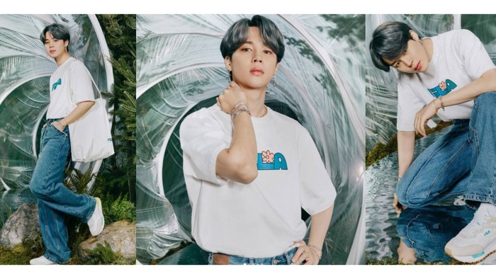 Punya suara lembut yang khas, Jimin kelihatan kalem banget dengan outfit serba putih ini. Sstt, kayaknya Jimin udah siap jemput ARMY buat nge-date! / foto: instagram.com/fila_korea