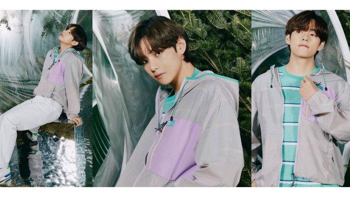 Boxy smile-nya BTS, V, cocok banget pakai jaket ungu, warna khas fandom BTS! / foto: instagram.com/fila_korea