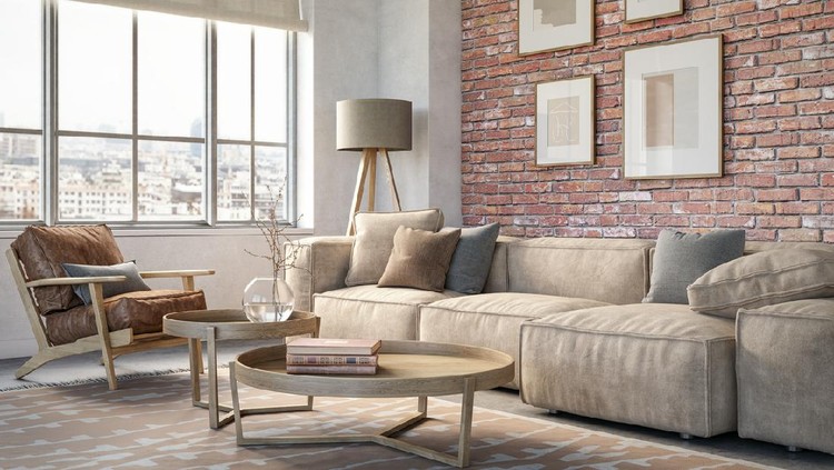 Bohemian living room interior 3d render with  beige colored furniture and wooden elements and brick wall