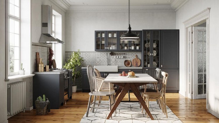 Digitally generated image of a dining room area design with wooden table and chairs. Small kitchen with dining area in 3D rendering.