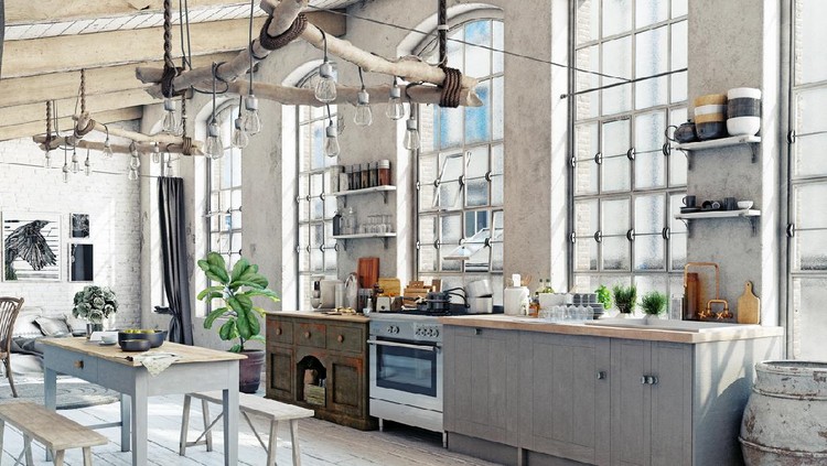 Attic loft kitchen interior. 3d rendering concept