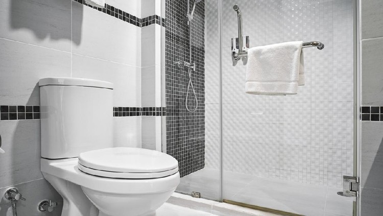 Concept of modern decoration design of bathroom with toilet and shower decorating with black and white ceramic for luxury hotel, condominium, residential