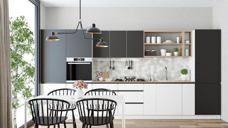Trendy Scandinavian open concept kitchen and dining room with lots of natural light.

Functional, modern and bright one wall kitchen with gray and white wooden cabinets, 

open light wood shelves and light gray honeycomb ceramic back-splash tiles. 

Wooden white dining table and black wooden retro chairs are placed next to a big panoramic window. 

Vintage, big, black metal lighting fixture, wall clock and black and white picture are decorative elements.

Hardwood flooring.