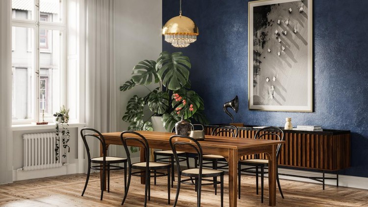 3D render of an elegant dining table in a modern home. Wooden dining table with six chairs and hanging electric lamp.