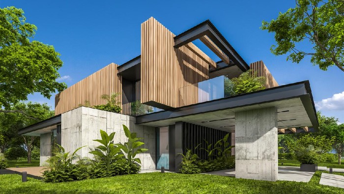 3d rendering of modern cozy house with parking and pool for sale or rent with wood plank facade and beautiful landscaping on background. Clear sunny summer day with blue sky.