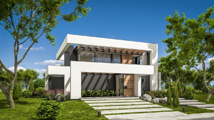 3d rendering of modern cozy house with pool and parking for sale or rent in luxurious style and beautiful landscaping on background. Summer sunny day with clear blue sky.