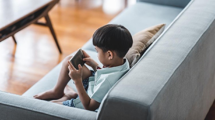 981764016 Chinese boy using smart phone in the living room