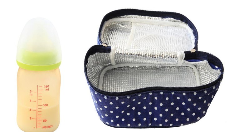frozen breastmilk, cooling bag, and milk in bottle isolated on white background
