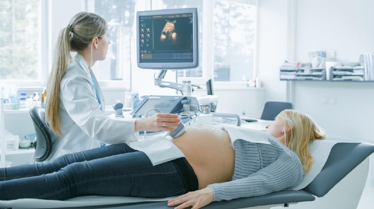 USG In the Hospital, Pregnant Woman Getting Ultrasound Screening, Obstetrician Checks Picture of the Healthy Baby on the Computer Screen. Happy Future Mother Waiting for her Baby to Born.