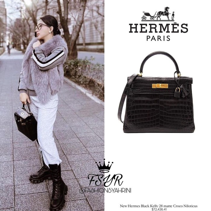 Koleksi brand Hermes berwarna hitam Black Kelly 28 Matte Croco Niloticus GHW yang juga dimiliki oleh Syahrini dibandrol dengan harga Rp. 1 miliar lebih. (Foto: Instagram.com/fashionsyahrini2)