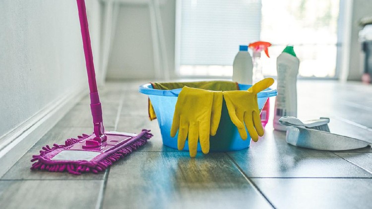 High angle shot of various cleaning products at home