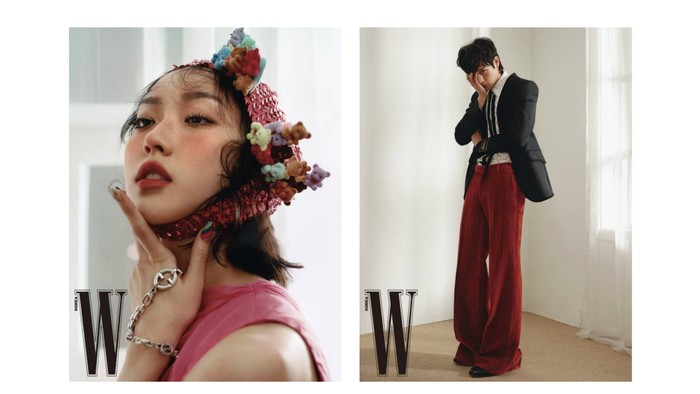 Menonjolkan kelebihan masing-masing. Han Ji Hyun dengan fitur wajahnya yang unik dibingkai dengan topi rajut merah muda, sedangkan Kim Young Dae dengan kaki panjangnya yang dibalut oleh celana beludru merah, keduanya tampak menawan / foto: wkorea.com