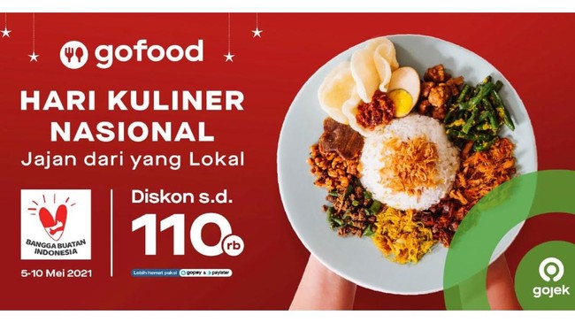 Di tahun keempat penyelenggaraan Harkulnas, mulai 5-10 Mei 2021 pelanggan GoFood dapat menikmati santapan sedap dari UMKM lokal dengan diskon sampai Rp110 ribu.