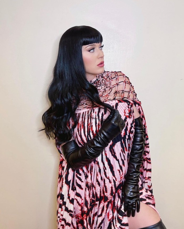 Kembali mencuri perhatian dengan rambut gelapnya. Katy Perry mengenakan dress bermotif tiger berwarna pink dengan belahan tinggi yang memperlihatkan high boots dari Jimmy Choo. (Foto: instagram.com/rickhenryla)