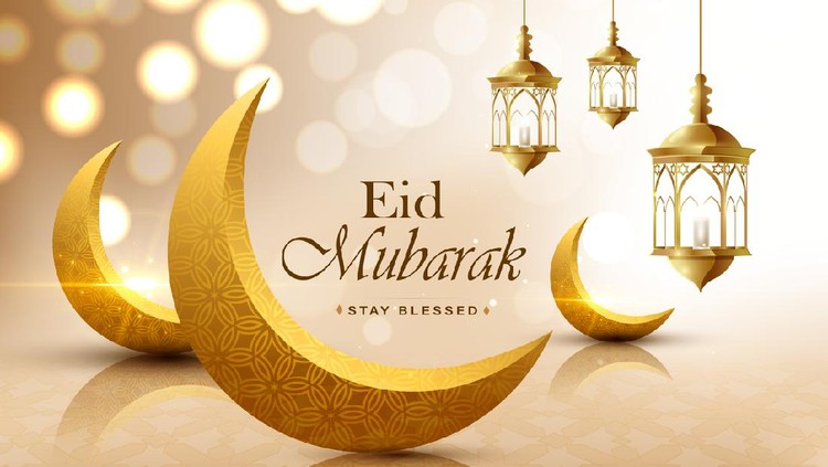1251013970 Eid mubarak, realistic 3D looking crescent moon, wish greeting poster, illustration vector