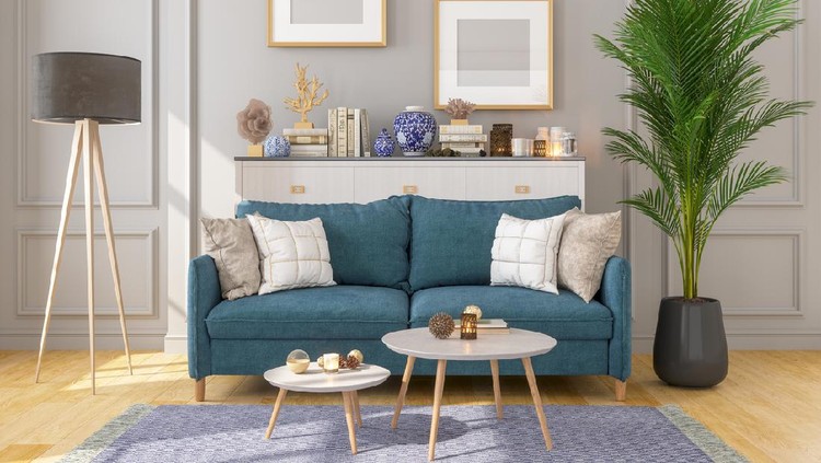 Cat rumah abu-abu di ruang tamu Living Room Interior With Picture Frame On Gray Walls