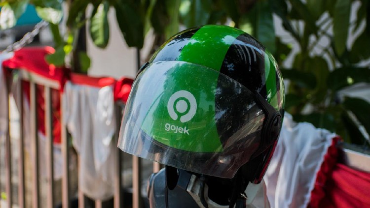 ojol Jakarta, Indonesia - August 26, 2020: A Gojek's helmet.
