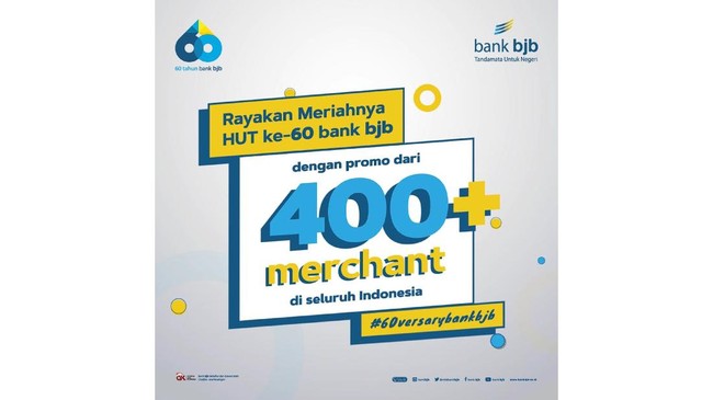 Menyongsong usia ke-60, Bank BJB menggelar promo yang berlaku di lebih dari 400 merchant pada 6 sampai 31 Mei 2021.