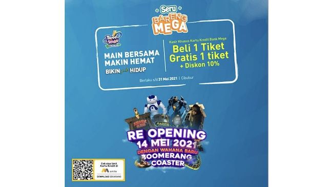 Pada momen reopening Trans Studio Cibubur, ada Promo Buy 1 Get 1 Free sekaligus tambahan diskon 10 persen untuk transaksi menggunakan Kartu Kredit Bank Mega.