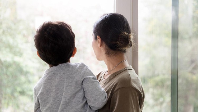 A rear view photo of a mother holding her young son while they look out the living room windows.