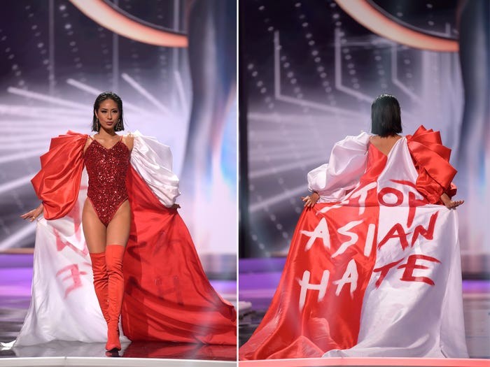 Miss Singapore, Bernadette Belle Ong, menyuarakan 'Stop Asian Hate' dalam pagelaran National Costume yang dibalut dengan warna bendera negaranya/Sumber/Insider.