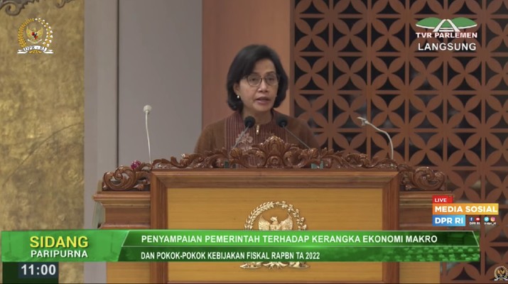Menteri Keuangan Sri Mulyani dalam Rapat Paripurna DPR RI dengan agenda: Penyampaian Pemerintah terhadap Kerangka Ekonomi Makro dan Pokok-Pokok Kebijakan Fiskal (KEM dan PPKF) RAPBN TA 2022, Kamis, 20 Mei 2021. (Tangkapan Layar Youtube DPR RI) Menteri Keuangan Sri Mulyani dalam Rapat Paripurna DPR RI dengan agenda: Penyampaian Pemerintah terhadap Kerangka Ekonomi Makro dan Pokok-Pokok Kebijakan Fiskal (KEM dan PPKF) RAPBN TA 2022, Kamis, 20 Mei 2021. (Tangkapan Layar Youtube DPR RI)
