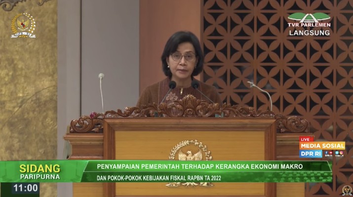 Menteri Keuangan Sri Mulyani dalam Rapat Paripurna DPR RI dengan agenda: Penyampaian Pemerintah terhadap Kerangka Ekonomi Makro dan Pokok-Pokok Kebijakan Fiskal (KEM dan PPKF) RAPBN TA 2022, Kamis, 20 Mei 2021. (Tangkapan Layar Youtube DPR RI) Menteri Keuangan Sri Mulyani dalam Rapat Paripurna DPR RI dengan agenda: Penyampaian Pemerintah terhadap Kerangka Ekonomi Makro dan Pokok-Pokok Kebijakan Fiskal (KEM dan PPKF) RAPBN TA 2022, Kamis, 20 Mei 2021. (Tangkapan Layar Youtube DPR RI)