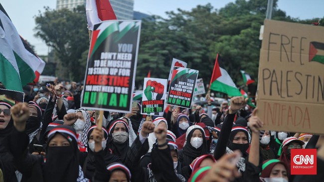 Aksi bela Palestina bakal digelar di depan kantor Kedutaan Besar Amerika Serikat, Gambir, Jakarta Pusat, Rabu (11/10) siang.
