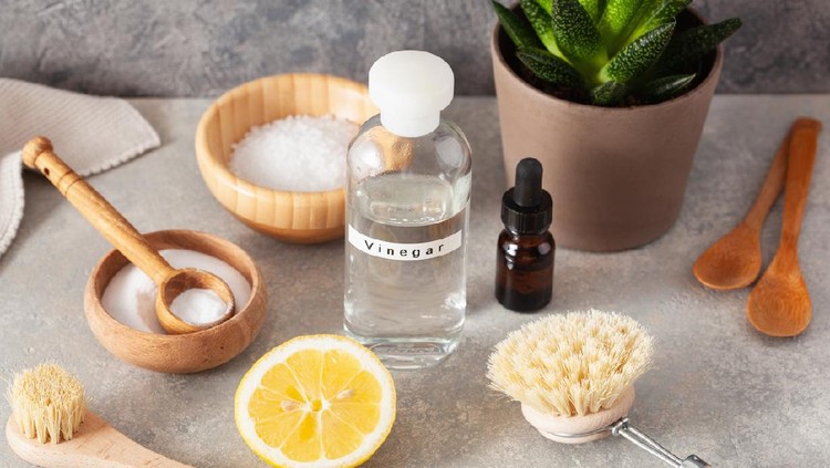 zero waste eco friendly cleaning concept. wooden brushes, lemon, baking soda, vinegar
