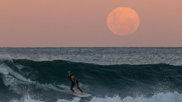 SYDNEY, AUSTRALIA - MAY 26: A surfer rides a wave as a super blood moon rises above the horizon at Manly Beach on May 26, 2021 in Sydney, Australia. It is the first total lunar eclipse in more than two years, which coincides with a supermoon.  A super moon is a name given to a full (or new) moon that occurs when the moon is in perigee - or closest to the earth - and it is the moon's proximity to earth that results in its brighter and bigger appearance. (Photo by Cameron Spencer/Getty Images)