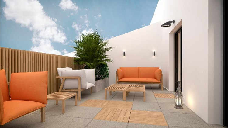 Computer generated image of balcony. Architectural Visualization. 3D rendering. Interior Design