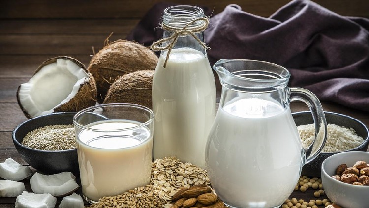 Front view of a drinking glass, a bottle and a jug filled with fresh organic vegan milks surrounded by oat flakes, soy beans, quinoa seeds, rice grains, spelt grains, hazelnuts, almonds and coconuts pieces. Low key DSLR photo taken with Canon EOS 6D Mark II and Canon EF 24-105 mm f/4L